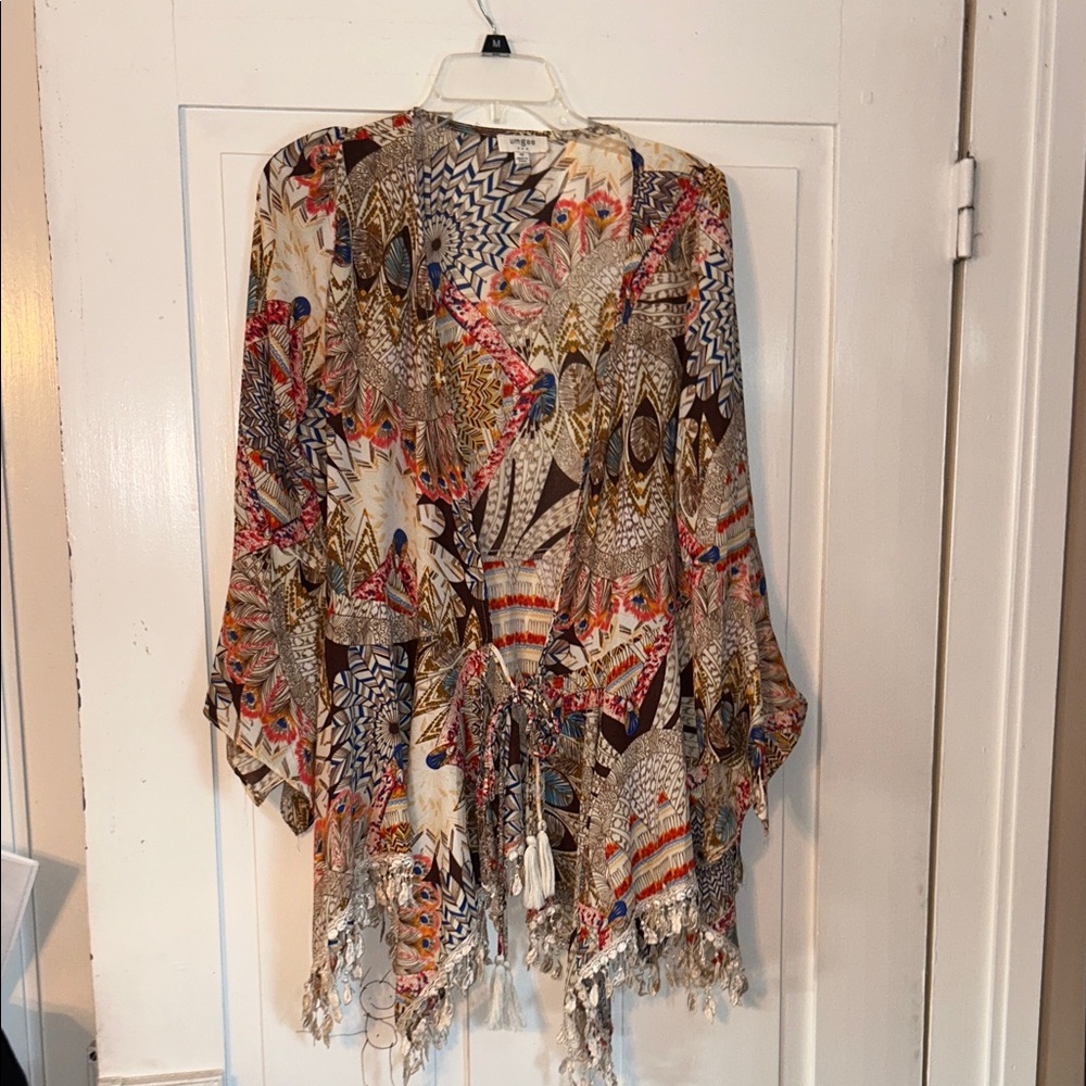 Umgee Women’s Medium Kimono Brown Cream Peacock Feathers Tassels Fringe Boho